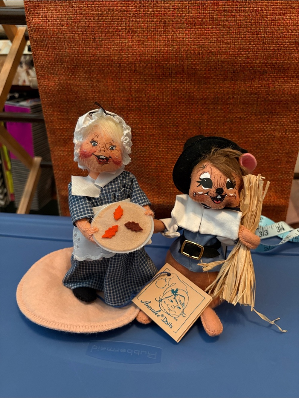 Vintage Annalee Thanksgiving Pilgrim Lady and Mouse Figurines - Blue and Cream